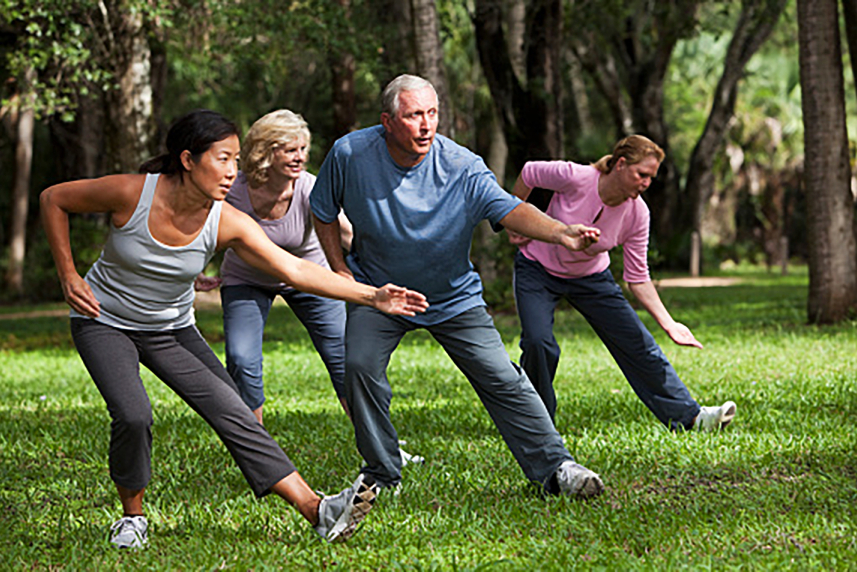 A group of seniors practices tai chi in a park